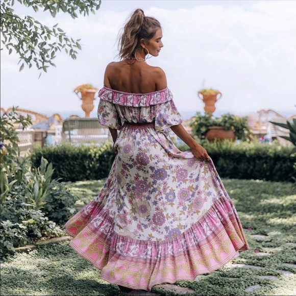 Dresses & Skirts - Boho Floral Gypsy Print Maxi Skirt Wild Bloom Pink